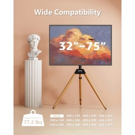 Ergounion Tripod TV Stand for 32-75 Inch Screen up to 77lbs, Height Adjustable Easel TV Floor Stand with Wood Legs and Cable Ties