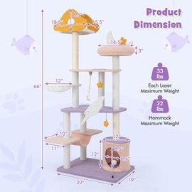 PETSITE Star and Moon-Themed Cat Tree Tower, Multi-Level Modern Cat Tower with Sisal Scratching Posts, Cat Condo, Side Hammock, Hanging Dangling Toys, Cute Cat Tree for Indoor Cats (66 Inch Tall)