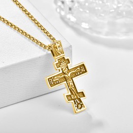 KATHLU 14K Orthodox Eastern Crucifix 925 Sterling Silver Cross Jesus Christ INRI Pendant Necklace for Men Women Medal Christian Religious Necklaces for Mens Fathers