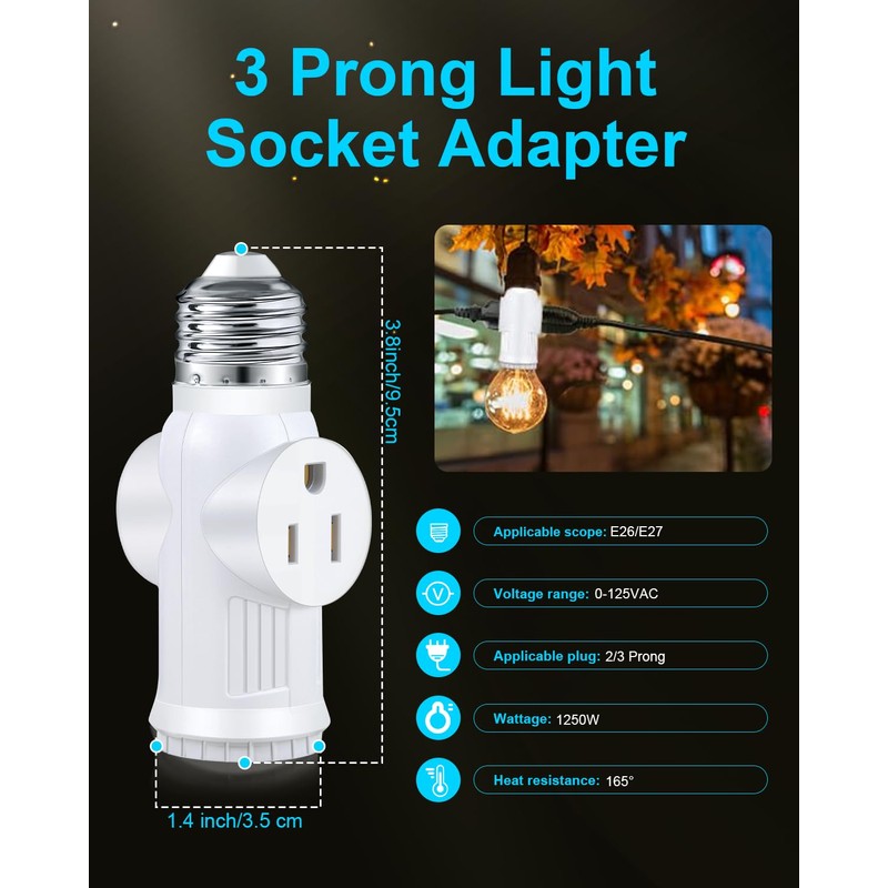 3-Prong Polarized Light Bulb Outlet Socket Adapter for Garage, Porch