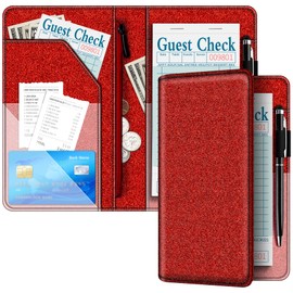 Aatacas Server Book Cover for Waitress - Glitter Leather Waiter Book Server Wallet with Zipper Pocket, Money Pocket, Cute Waitress Book&Waitstaff Organizer Fit Server Apron Red