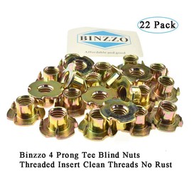 Binzzo 3/8 Inch-16 X 7/16 Inch T Nut 4 Prong Tee Blind Nuts Threaded Insert Clean Threads No Rust Carbon Steel Zinc Plated for Wood Rock Climbing Wall Holds Plywood Particle Board CNC Router 22 Pack