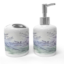 Ambesonne Lavender Soap Dispenser & Toothbrush Holder Set, Dreamy Scenario of Delicate Branches with Purplish Leaves Fantasia, Ceramic Bathroom Toiletry Accessories, 2 Pcs, Pale Ceil Blue Pale Green