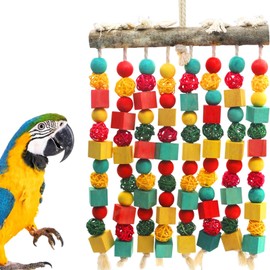 MQUPIN Large Bird Parrot Toy, Bird Chew Toy Natural Wooden Blocks Takraw Parrot Cage Bite Toy Suits for Large Medium Birds Macaws African Grey Cockatoos