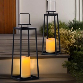 Solar Lantern Decorative Outdoor Set of 2 (18’’ & 15’’) Modern Black Metal Lanterns with Solar Candles, Decorative Candle Lanterns for Outdoor Porch, Patio, Garden, Yard Decor