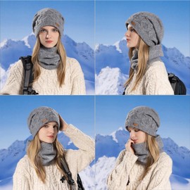 WANYI Women's Winter Beanie Slouchy Winter Hat Knitted Hat Warm Hat Scarf Set with Soft Inner Lining for Autumn Winter Spring, lightgrey