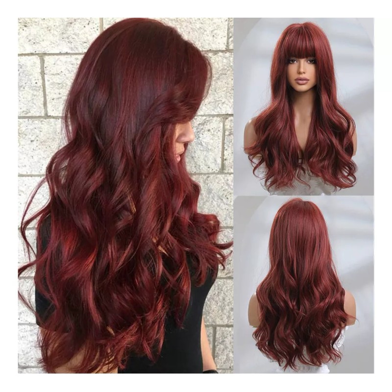 generic Peluca Larga Rojizo Marrón Rizada Ondulada Con Flequillo