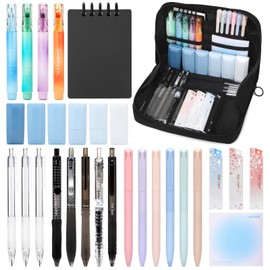ESSALOO 30 PCS Filled Pencil Case with Stationery Included, Aesthetic Stationery Set for Girls, 11 Gel Pens, 4 Pastel Highlighters, 3 Mechanical Pencils for Back to School Students (Black)