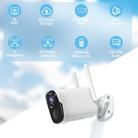 2K Security Cameras Wireless Outdoor, Battery Powered Security Camera for Home, WiFi Camera Surveillance Indoor System with Color Night Vision, IP66, 2-Way Audio, 120°FOV, Motion Sensor, Works/Alexa