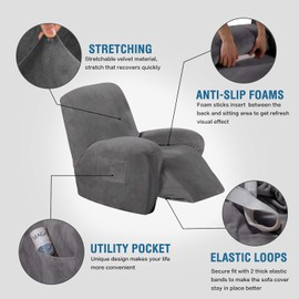 H.VERSAILTEX Velvet Recliner Chair Covers 1-Piece for Reclining Chair, Recliner Cover Feature Thick Luxury and Soft Fabric with Elastic Bottom, Anti-Slip Foams Attached (Grey, Large)