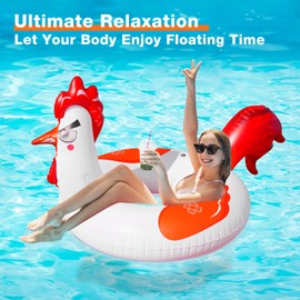 Junbig Inflatable Pool Floats with Lights, 63" Chicken Pool Floaties with Solar Powered RGB Color Changing, Large Animal Pool Floats Adult with 2 Handles, Swimming Pool Floaty for Party Beach Water