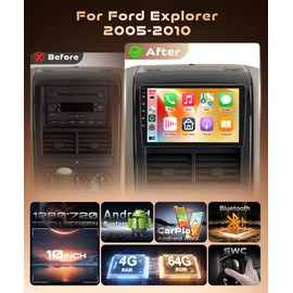 4G+64G Car Radio Stereo for Ford Explorer 2005 2006 2007 2008 2009 2010, Android Car Stereo for Explorer, CarPlay Android Auto, 10'' Touch Screen Radio, GPS WiFi, Bluetooth Radio with Backup Camera