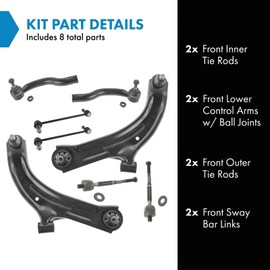 TRQ Front Steering & Suspension Kit Control Arm with Ball Joint Sway Bar Stabilizer Link Tie Rod Compatible with 2009-2014 Nissan Cube 2007-2012 Versa