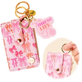 The Darling Effect Keychain Wallet for Women Nurse Life Pink Bow Key Ring Slim Compact Credit Card Wallet Card Holder with Gold Zipper Coin Pouch Matching Accessory Set, Pink Bow Nurse, Slim, Compact