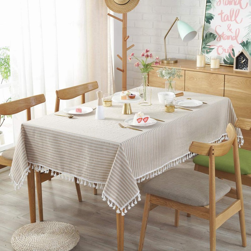 Plenmor Cotton Linen Table Cloth Stripe Tassel Rectangle Tablecloth Dust-Proof