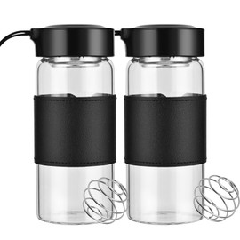 BNCWCQZ Small Glass Shaker Bottle, 2 Pack 16oz BPA Free Odorless Shaker Bottle with 304SS Mixing Ball and Removable Cleaning Brush for Fitness & Protein Shakes(Black-2Pack) | BNCWCQZ