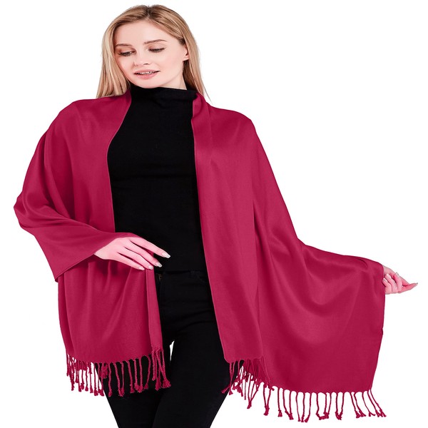 CJ Apparel Fuchsia Pink Solid Color Tassels Design Nepalese Shawl