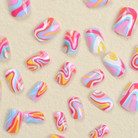 Vezocim Press on Nails Square Short 24Pcs Press on Nails with Colorful Wavy Line Designs Glossy Full Cover Acrylic Extra Short Coffin False Nails Glue ons Fingernails Artificial Fake Nails for Women