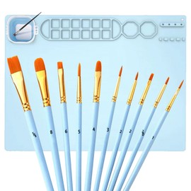 Alfombrilla de Silicona para Pintar, Tapete de Silicona para Manualidades, Alfombrilla de Silicona para Fundición de Resina, 51 * 41cm con 10 Pinceles, con Vaso de Limpieza, para Pintura (Azul)