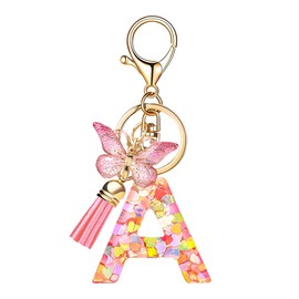 Alnicov Alphabet A Keychain,Initial Letter Keyring with Butterfly Tassel Resin Pendant Charm Cute Pink Style for Family Friend Gift Purse Bag Handbag Luggage Travel Deco Car Keyring Backpack