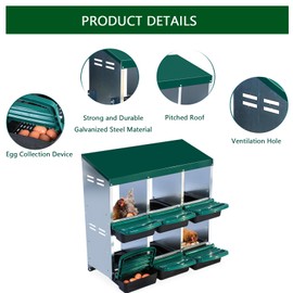 Chicken Nesting Boxes, 6 Holes Metal Chicken Egg Laying Box with Swing Perch and Rollout Egg Collection,for Various Chicken Breeds Without Stand - Green 0.6mm