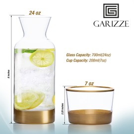 GARIZZE Bedside Water Carafe and Glass Set for Bedroom, Bedside Carafe and Glass Set, Mouthwash Decanter for Bathroom, Water Carafe with Glass Cup for Nightstand (24-oz/7-oz) (GOLD)