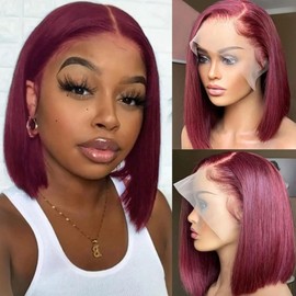 TIRALI 99j Burgundy Lace Front Wigs Bob Wig Human Hair 13x4 Lace Front Wigs Human Hair Pre Plucked 180% Density Short Straight Bob Wig Natural Hairline Wine Red Wig for Black Women 14inch