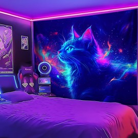 Blacklight Tapestry,Cat Animal,UV Reactive Black Light Upright Posters Wall Hanging for Bedroom Dorm Living Room Backdrop Decor 59x51in