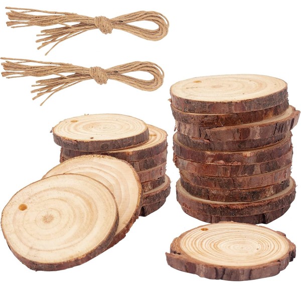 VIKY® Round Wooden Discs with Hole, Pack of 20 Tree Discs 5-6 cm, Wooden Disc for Crafts, Wooden Log Discs, Pine Wood Branch Discs, Tree Trunk Decoration, Wooden Discs 5 cm for DIY Crafts Christmas