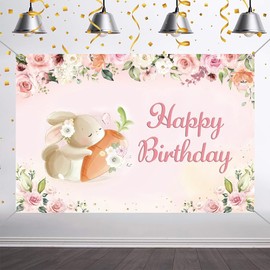 Birthday Decoration for Girls, Birthday Banner Rabbit Birthday Fabric Sign Poster, Happy Birthday Background Banner Girls 1st 2nd 3rd 4th 5th Birthday Party Decoration, Pink