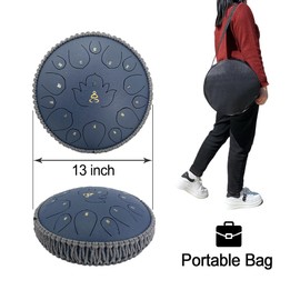 YoungMonic Steel Tongue Drum 13 Inches 15 Notes C Major Steel Drums Rain Chimes for Outside Percussion Instrument with Drum Mallets and Carry Bag