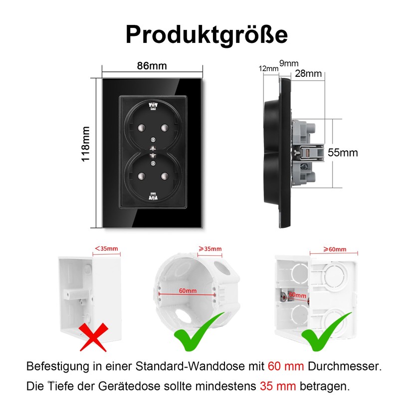 CNBINGO Glass Double Socket Flush-Mounted, 2-Way Socket Flush-Mounted, Double Wall