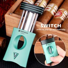 KEENSUN 3-in-1 Zinc Alloy V-Cut Cigar Cutter (Green) with Cigar Holder on The Back and Cigar Punch at The Bottom, 60 Ring Gauge, 420J2 Stainless Steel Cut Blade in Gift Box