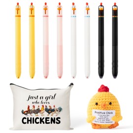 GioXtra Funny Chicken Gift Accessories - 10Pcs Cute Knitted Chick Stress Relief Stationery Set Lovely Retractable Gel Pens Zipper Organizer Pen Pouch for Kids Birthday Party Gift Student Reward Supply