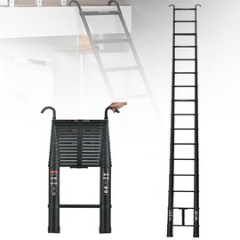 Qimu Aluminum Telescoping Ladder with 2 Detachable Roof Hooks, 20 FT Portable Extension Ladder Multi-Purpose Lightweight Folding Ladder RV Collapsible Ladder, Anti-Slip Feet, 330 Lb Capacity