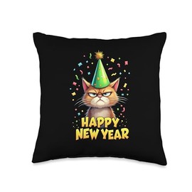 Happy New Year 2025 Funny New Year's Eve Party Hat Mad Cat Throw Pillow