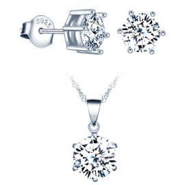 CPSLOVE Necklace and Earrings for womens and girls, 925 silver jewelry set, Elegant 6 Claw setting zircon necklace pendant, with 45cm chain, 6 Claw zircon earrings studs, Inlaid shiny zircon, silver