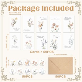 Harsever 50 Pack Floral Thank You Cards with Adhesive Envelopes, Gifts for Funeral Wedding Bridal Showers Baby Showers Birthday Graduation (Wildflower Thank You Cards)
