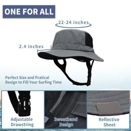 Rosyeon Surf Bucket Sun Hat - Surf Hat UPF 50+ UV Protection, Waterproof Surf Sun Hat Chin Strap Surfing Fishing Water Sports | Gray