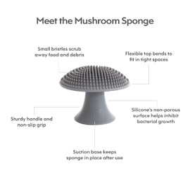 ezpz Mushroom Sponge (Gray) - 100% Silicone Reusable Durable Long-Lasting Sponge with Suction Base for Cleaning Dishes, Cookware and Feeding Accessories