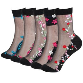 Neyauo 5 Pairs Sheer Black Socks Mesh Transparent Socks for Women Ultrathin Fishnet Floral See Through Sock Lace Ankle Sock Candy Womens Sheer Ruffle Summer Stockings