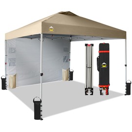 CROWN SHADES Canopy Tent 10x10 Pop Up Canopy Outdoor Shade with Pockets Sidewall, Easy Up Sun Shelter with One Person Set Up Center Lock, Portable Instant Camping Beach Canopy Tents, Beige