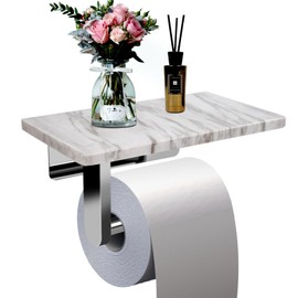 Nodafuer Toilet Paper Holder with Natural Marble Shelf for Bathroom Washroom,Wall Mounted Tissue Holder Suitable for Mega Roll (Brushed Nickel, Middle 7.87 * 4.72 in)