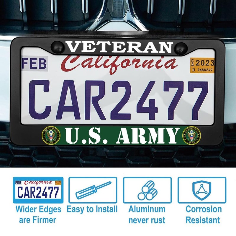 2 Pcs License Plate Frame for U.S. Army Veteran Black