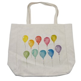 Lunarable Party Shopping Bag, Colorful Balloons Party Happy Birthday Celebration Themed Watercolor Artwork, Eco-Friendly Reusable Bag for Groceries Beach and More, 15.5" X 14.5", Cream