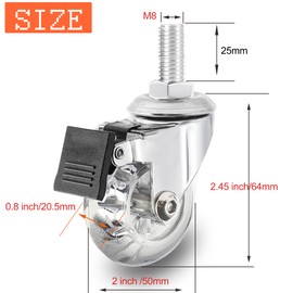 2 inch Stem Caster Wheels,M8X25 Threaded Stem Castors Wheels, 360 Degree Rotated Crystal Clear Wheels with Brake,Soft Polyurethane Furniture Wheels for Carts