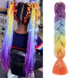 Benehair Rainbow Braiding Hair Extension with Tinsel 1 Bundle 24 Inch Pre Stretched Jumbo Braiding Hair Ombre Colored Braid Glitter Hair Extensions (Purple+Blue+Yellow+Orange)