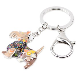 DUOWEI Floral Enamel Scottish Terrier Keychain Zinc Alloy Pet Keyring Bag Car Decoration for Women Girl Charm Gift (Brown)