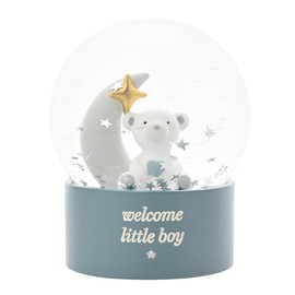 Bambino By Juliana 'Welcome Little Boy' Teddy & Moon Water Globe - Blue. Gifting to Celebrate Newborn Children, Family & Love - Present for New Born, Christening & Baby Shower.
