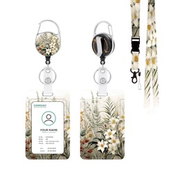 ID Badge Holder with Lanyard, Detachable Lanyard and Retractable Badge Reel Clip, Vertical ID Protector Bage Clips for Man Woman Nurses Students Teachers Office Workers - Beige Watercolor Flowers